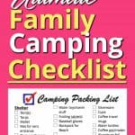 This is our Family Camping Checklist! This FREE printable is the packing list we use to pack everything we need to go camping. We have everything we ever need on here. Use this packing list to get everything you need together quickly so you can avoid the stress of making sure you have everything.