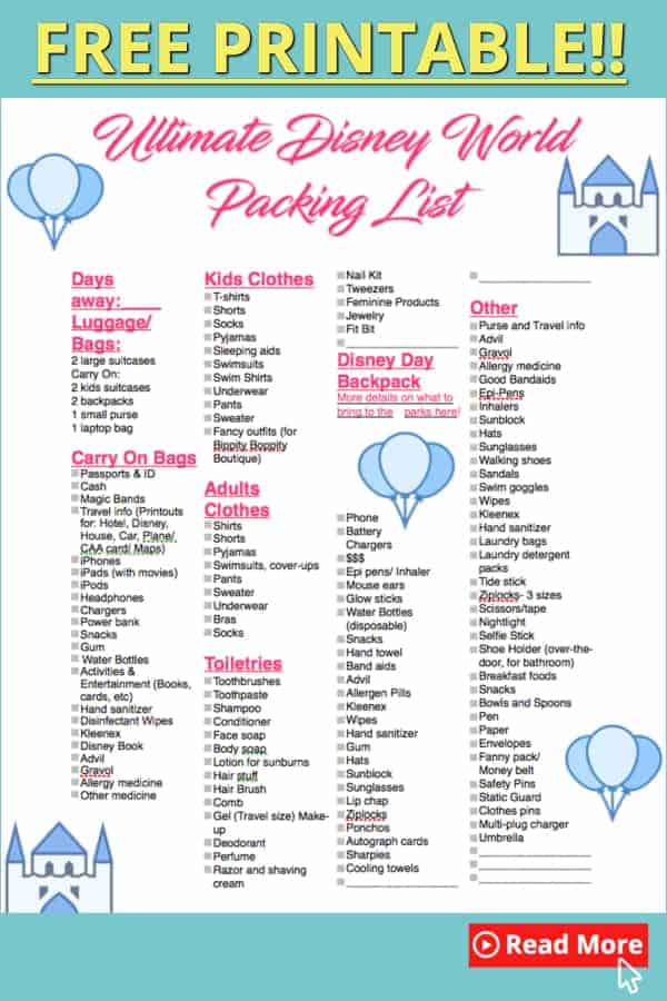 Here is the complete Disney packing list for Disney World complete with tips and ideas. This list is essential to your Disney World planning, get this free printable and get packing for your exciting Disney World trip! #disneyworld #disney #familytrip #printable #free